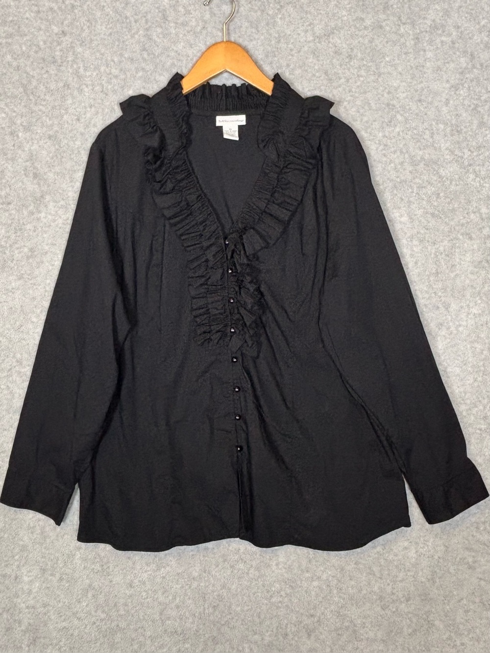 Soft Surroundings Long-Sleeve Ruffle Button-Front Blouse-Black-Women Size 3X